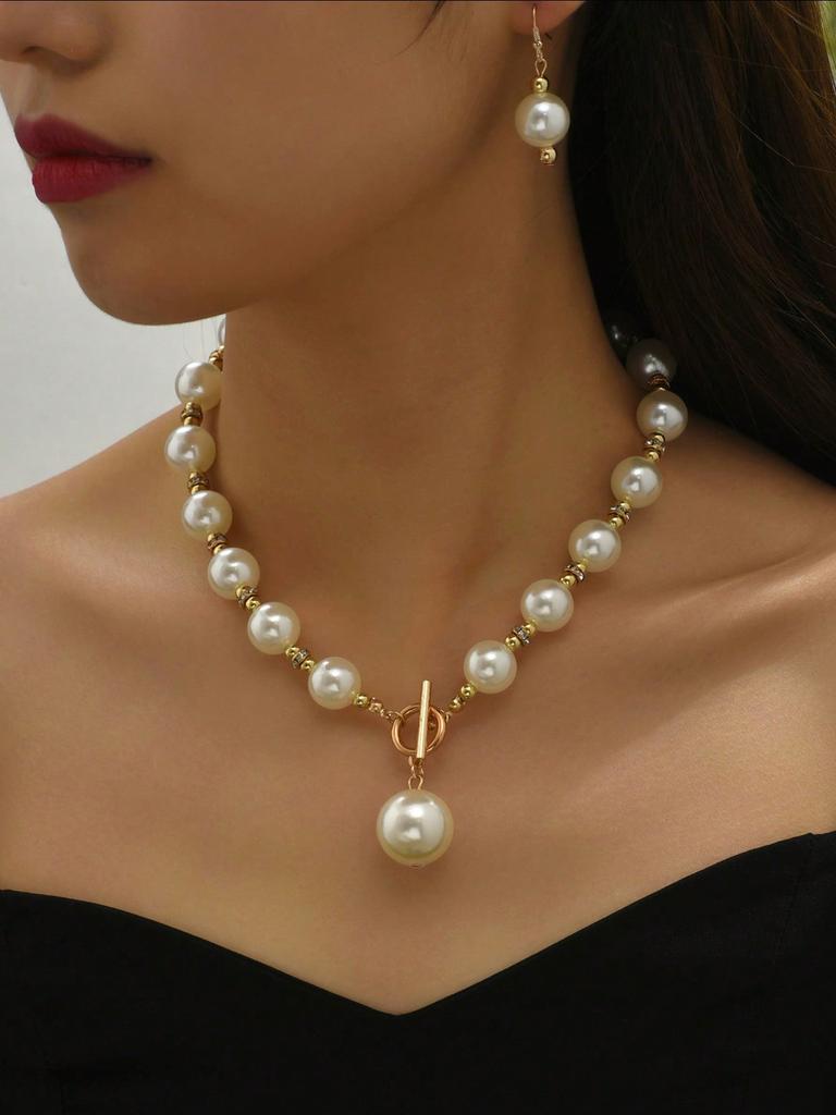 Faux Pearl Decor Necklace & Drop Earrings