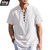 Summer Vintage Men's V-neck Shirt Drawstring Design Cotton Linen Breathable Stylish Casual Tops Solid Color Vacation Shirts