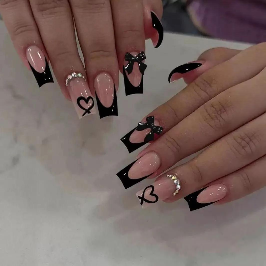 Cross-border hot-selling nail art, wearing nail medium and long white French three-dimensional pearl butterfly girl ballet style false nails United States