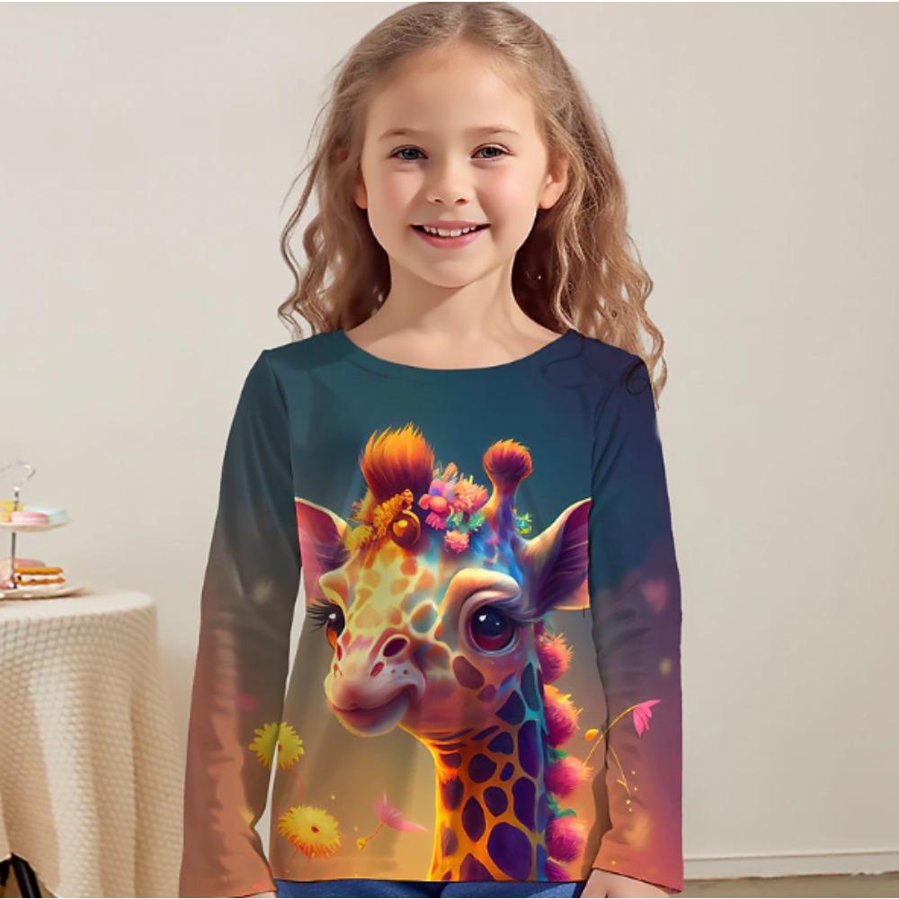 Kids Crew Neck Long Sleeve T‑Shirt, Colorful Giraffe 3D Print Casual Loose Halloween Party Daily Wear Tops for Children