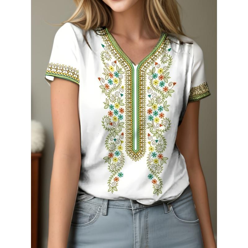 

Жіноча вишита футболка в етнічному стилі з V-подібним вирізом та короткими рукавами, літній повсякденний вільний топ, прикриває недоліки та стрункіть, підходить для роботи XL
