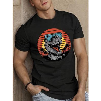 Europäische Größen Modische Brille Stilisierte Dinosaurier-Illustration Herren Kurzarm-T-Shirt Sommer-T-Shirt Top