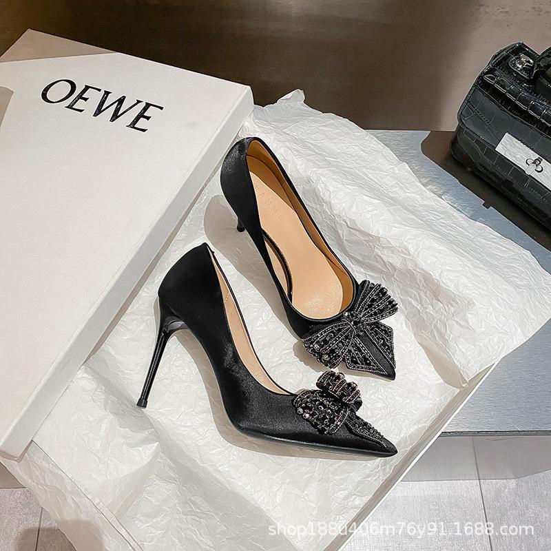 Black bow high heels women's 2025 new design sense beautiful sexy pointed temperament banquet stiletto shoes