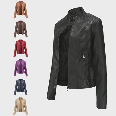 Chaquetas de cuero para mujer europeas: Ajuste ceñido, Abrigos finos de primavera/otoño, Estilo motero, Cuello alto de talla grande.