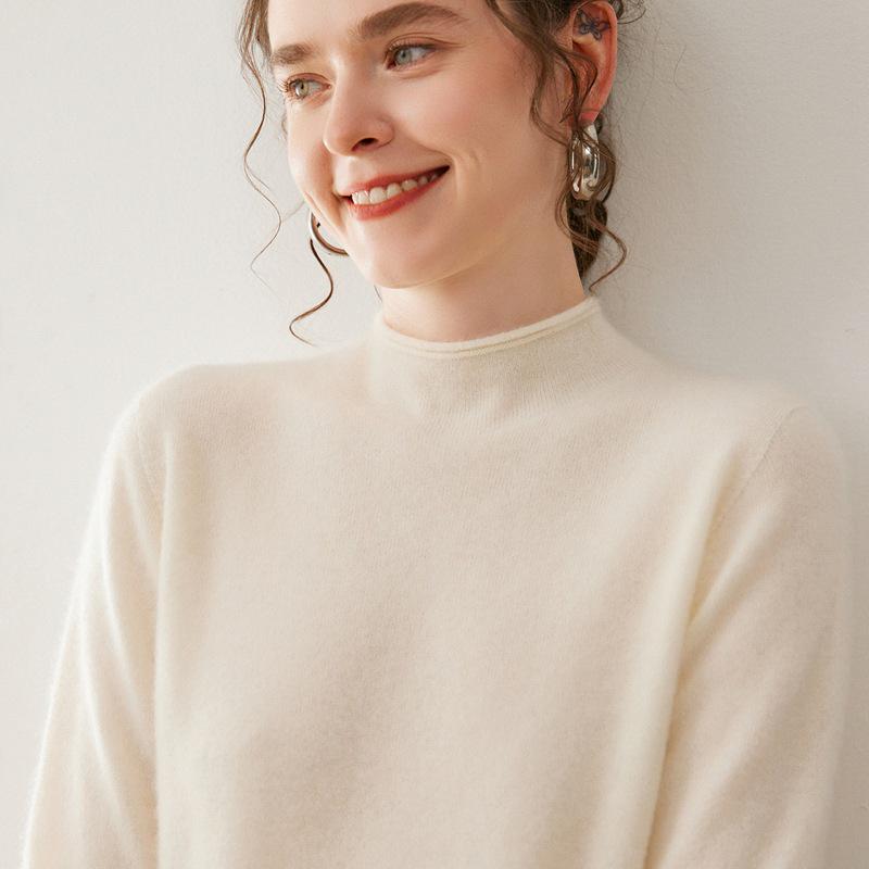 Women's Cashmere Half-High Neck Pullover Sweater - Solid Color, Loose Fit, Autumn/Winter Casual Knit Top