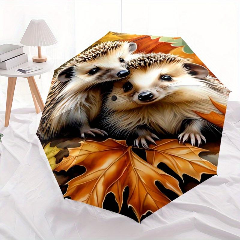 Automatic Open & Close Folding Umbrella with 8 Ribs - Cute Hedgehog & Autumn Leaves Design, Portable Compact Travel Umbrella f