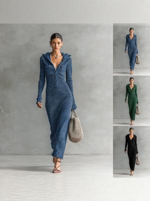 Elegant V-neck Slim Fit Knit Wool Dress - Long Sleeve, Autumn/Winter Fashion