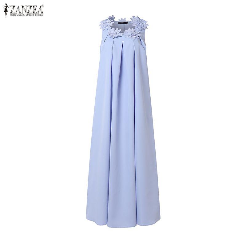 ZANZEA Bohemian Style Summer Casual Round Neck Sleeveless Long Dress