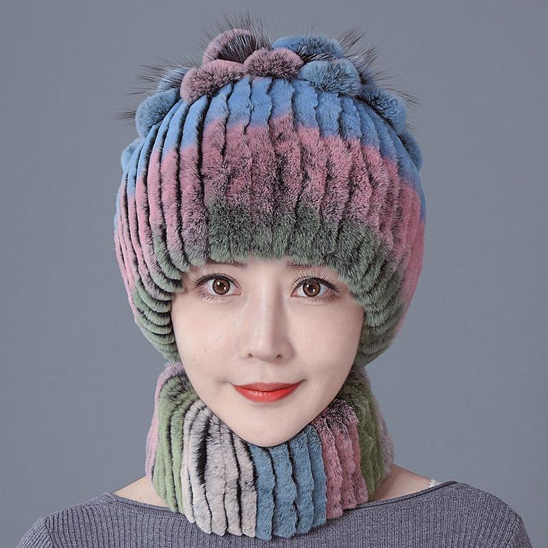 New Rex rabbit fur wool hat women's autumn and winter warm scarf fashion thickened ear protection flower suit tide