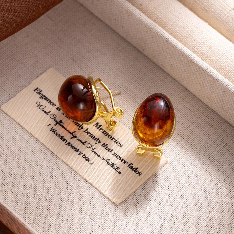 Vintage Maillard Amber Water Drop Ear Buckle Light Luxury Simple Unique Earrings Premium Smudge Resin Earrings