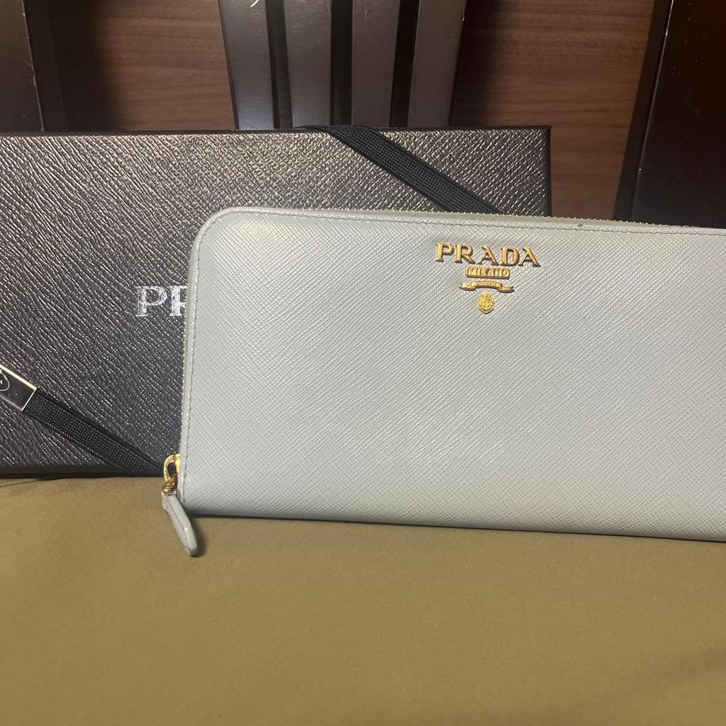 Used PRADA Saffiano Leather Long Wallet Light Blue