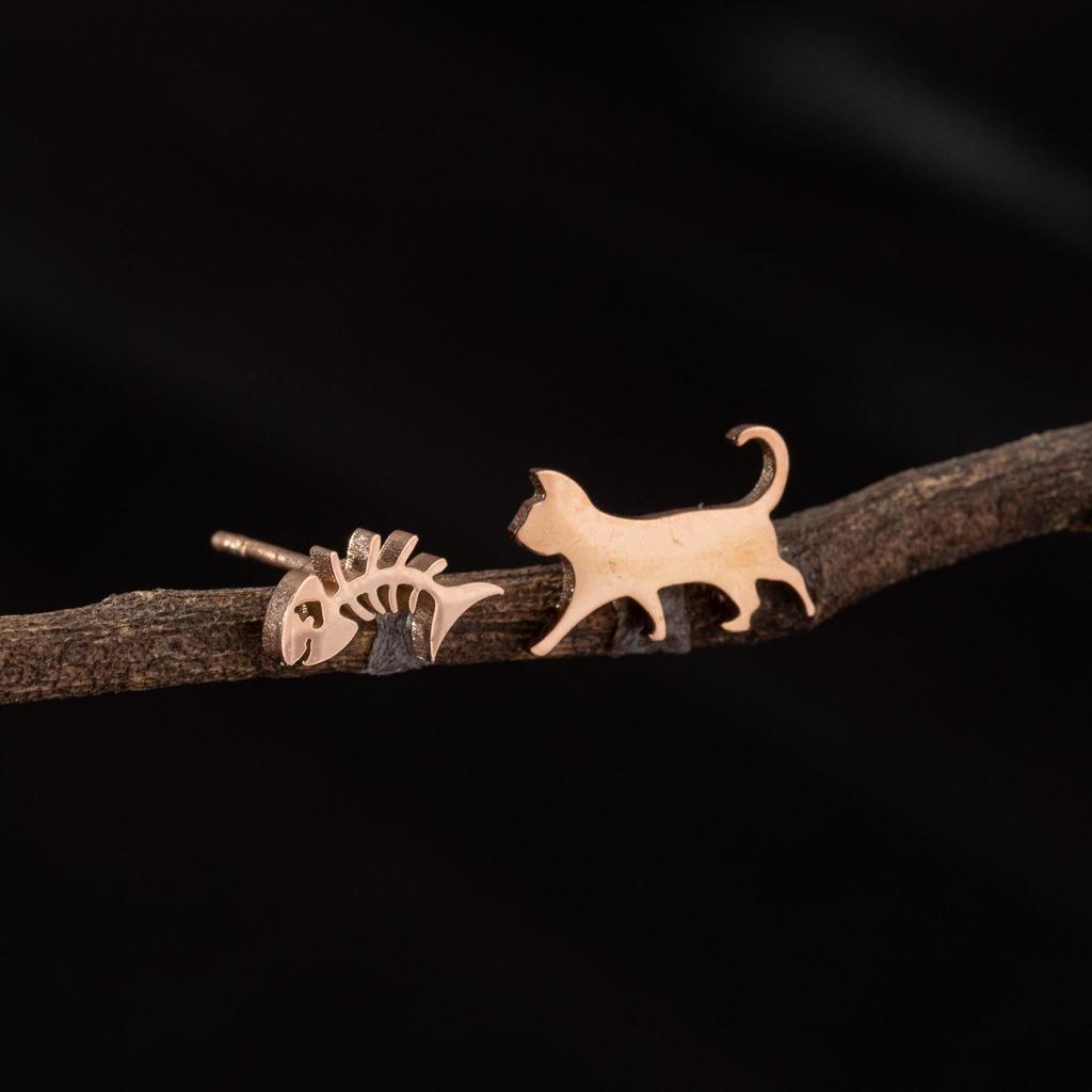 Japanese & Korean Style Asymmetrical Fish Bone Cat Earrings for Girls - Stainless Steel Niche Design