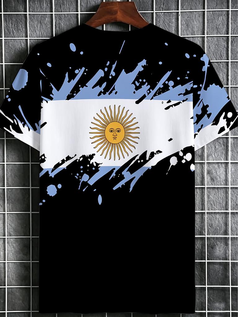 Men'S Digital Print T-Shirt, Men'S Argentine Flag Pattern T-Shirt, Sun Pattern, Round Neck Short Sleeve Summer Casual Sports, Comfortable Soft