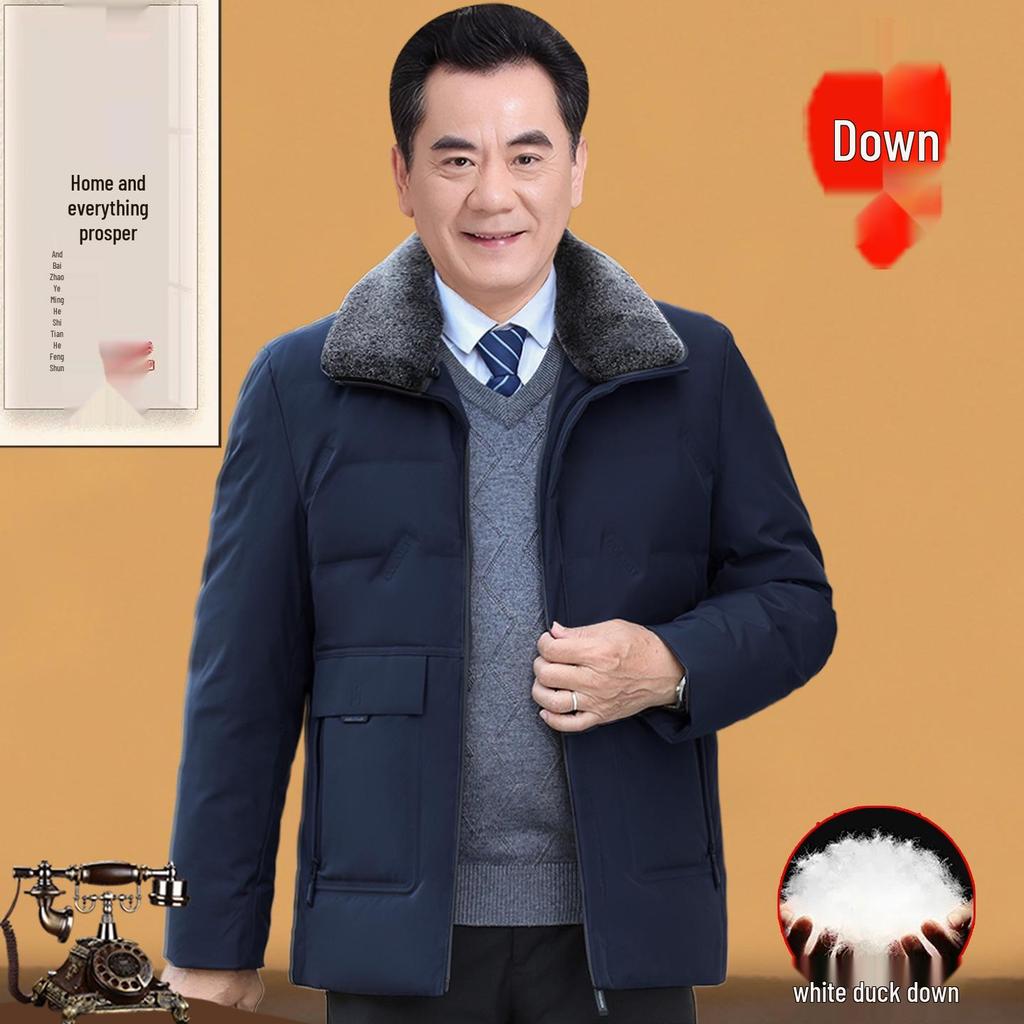 Men's Thickened Lapel Collar Down Jacket with Fleece Lining - Winter Short Style for Middle-Aged and Elderly