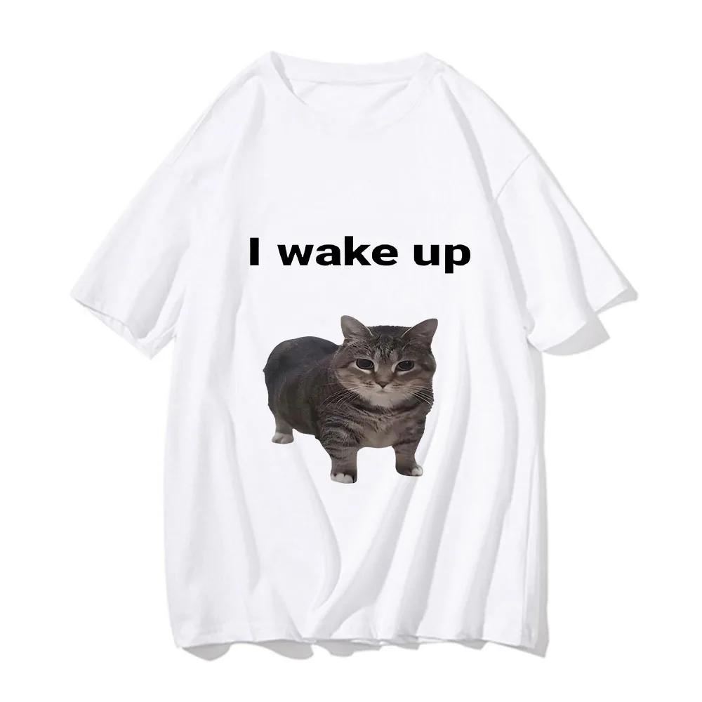 Cute Cat L Wake Up T Shirts Funny Cool Classic Men/Women Clothes Harajuku Aesthetic Tshirt Vintage Unisex Streetwear Tees