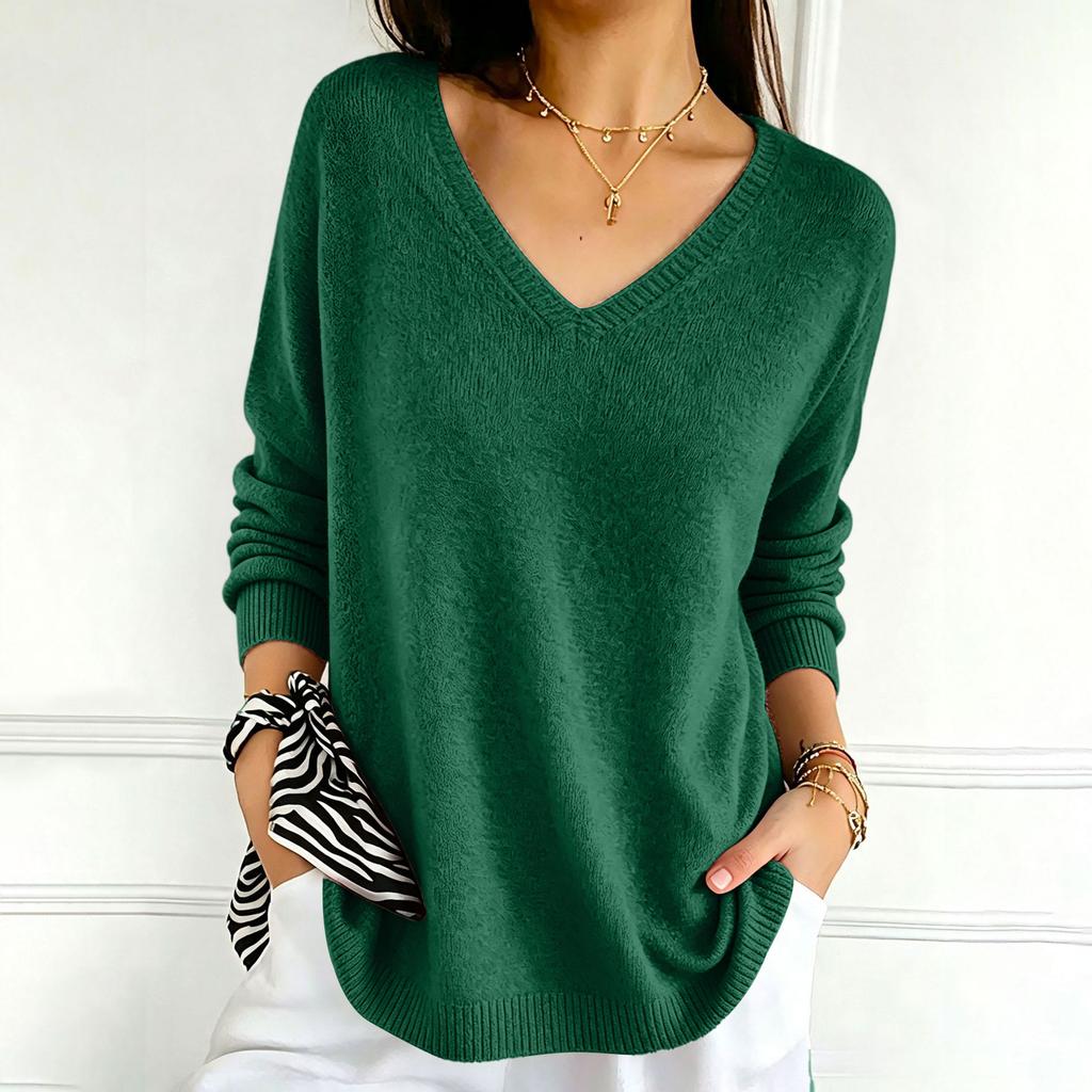 Women's Color V-Neck Long Sleeve Knit Sweater Casual Basic Lightweight Top for Daily Wear