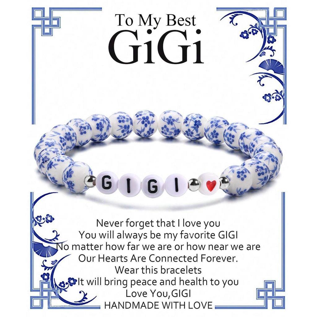 GIGI NANA Blue & White Porcelain Beaded Bracelet - Ethnic Style Elastic Birthday Gift