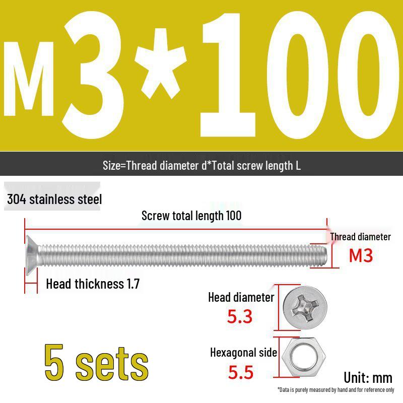 304 Stainless Steel Extra Long Phillips Flat Head Screws and Nuts Set (2M, 3M, 4M)