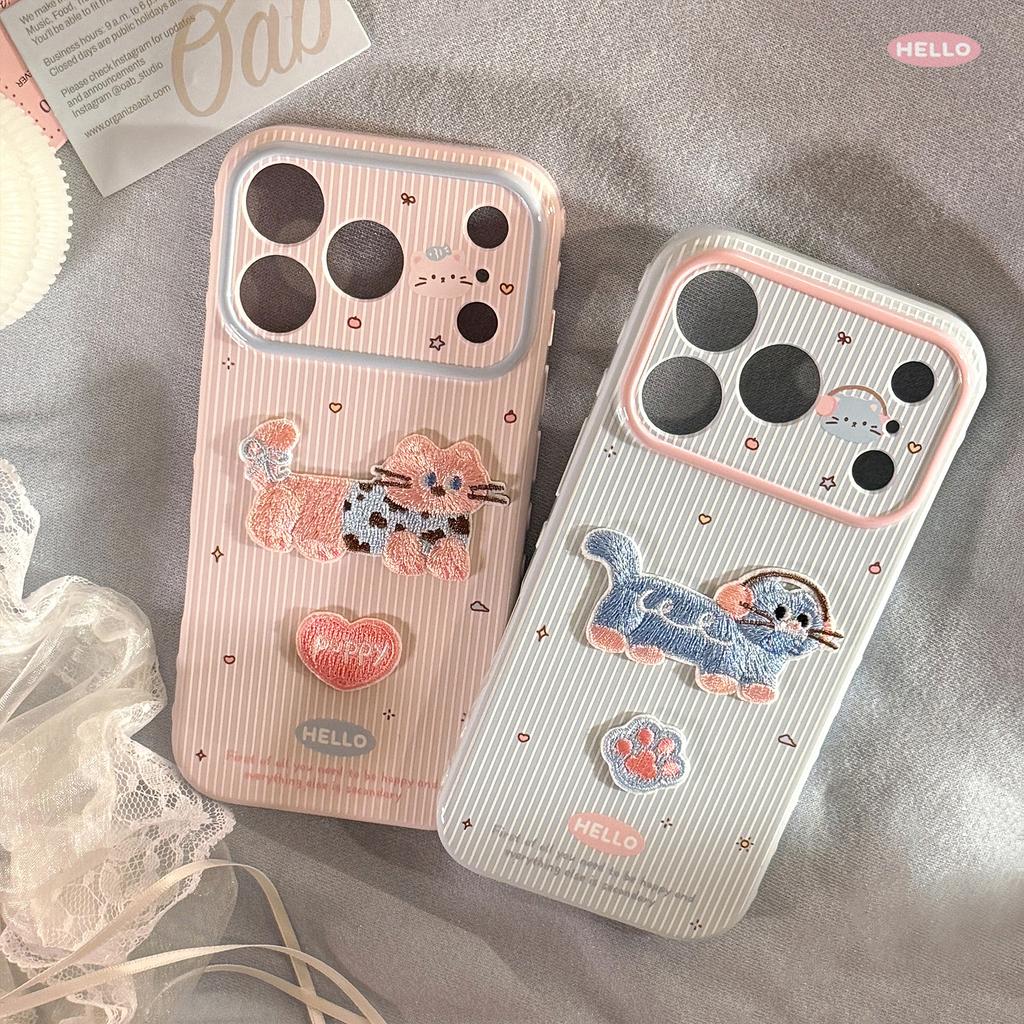 Color Striped Cat for Apple 17 Phone Case for IPhone 15 for 16 Promax Embroidered Cartoon 14 Anti-fall 12 Soft