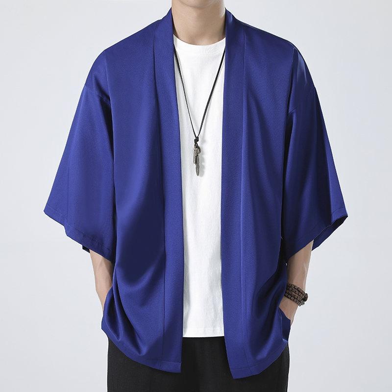 Herre Japansk Kimono Skjorter Afslappet Åben Strik Letvægts Yukata Mode Sort Cardigan 3/4 Ærme Ydertøj til Sommerferie
