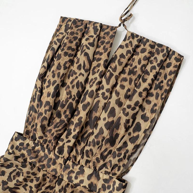 Leopard Print Silk Dress Women Sexy Deep -Neck Backless Beach Dresses Summer Sleeveless Chiffon Holiday Party Dress