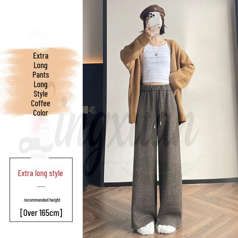 Autumn/Winter 2026 Women's High Waist Slim Fit Wide Leg Floor-Length Pants with Plus Velvet Cashmere.