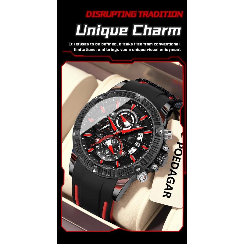 POEDAGAR Sports Men Watches Waterproof Luminous Chronograph Date Military Watch Silicone Strap Quartz Wristwatch Reloj