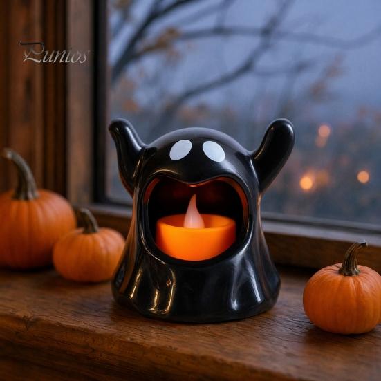 Halloween Home Ornament Ghost Candle Holder with LED Candle, Cute Tea Light Night Holder, Spooky Tabletop Decoration for Indoor Decor, Holiday
