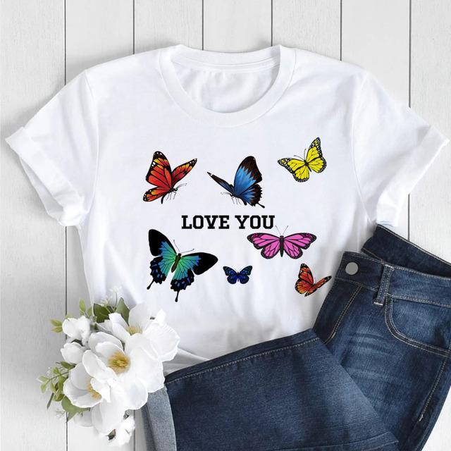 Butterfly Love Heart Print T Shirt Women Fashion Black T Shirt Female Short Sleeve Cute Graphic Tee Shirts Ladies Summer Tops