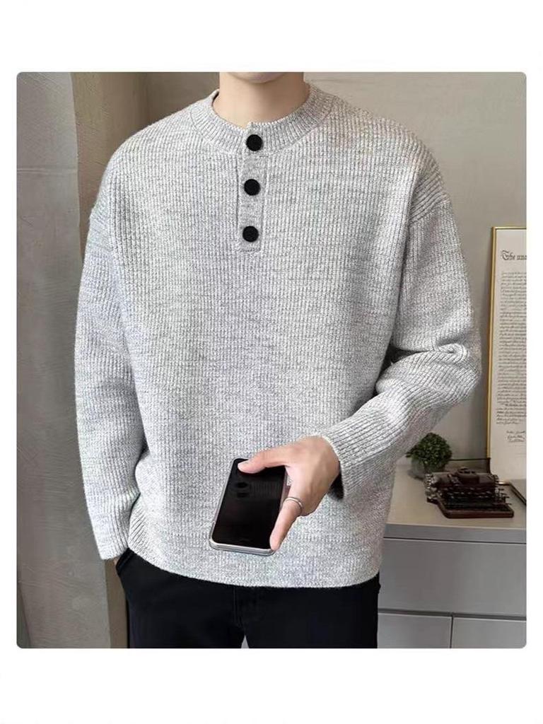 Gray Retro Henley Neck Men's Winter Sweater - Warm, High-End Knit for Cold Protection
