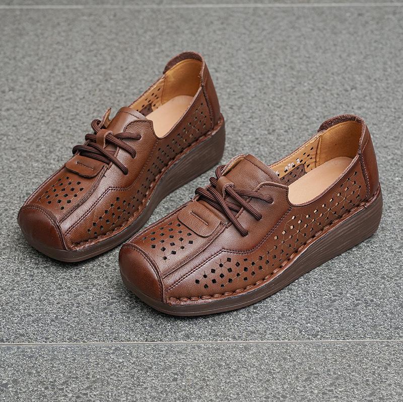 

Johnature Comfortable And Breathable Hollow Out Women s Shoes Genuine Leather Soft Sole Versatile Wedges Shoes 35 коричневый
