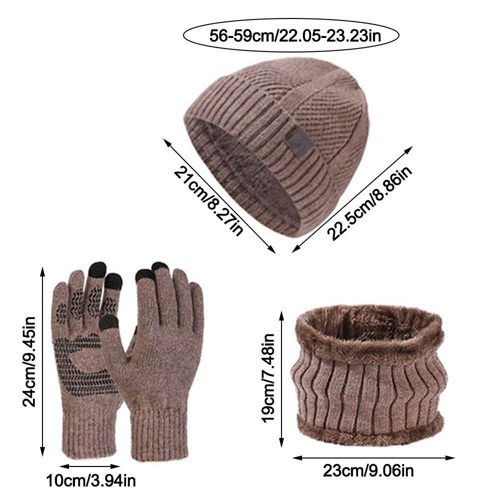 3Pcs/Set Plush Lining Knit Beanie Snood Set Warm Touchscreen Gloves for Men