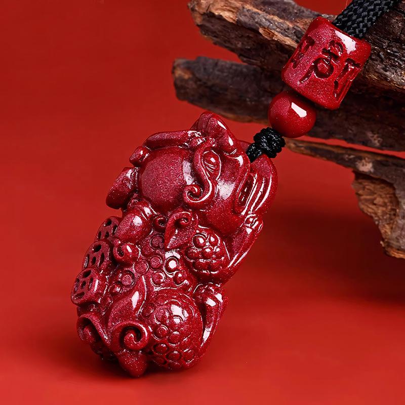 Natural Cinnabar Pixiu Pendant Necklace with Purple and Emperor Red Sand
