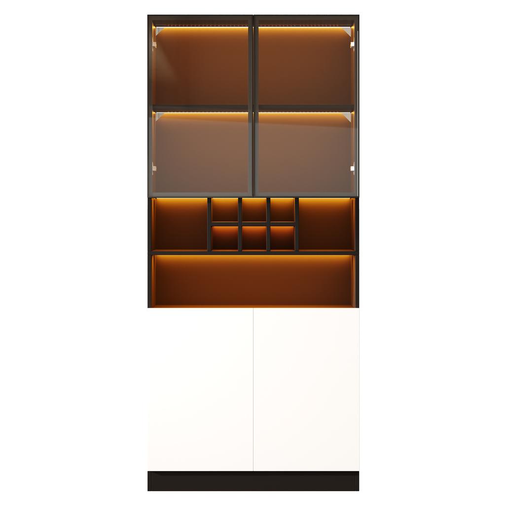 LED-Illuminated Glass Display Cabinet, Tall Cabinet 80x30x180 cm - Tempered Glass, Open Shelves, 2 Doors. Suitable for Living Room and Dining Room