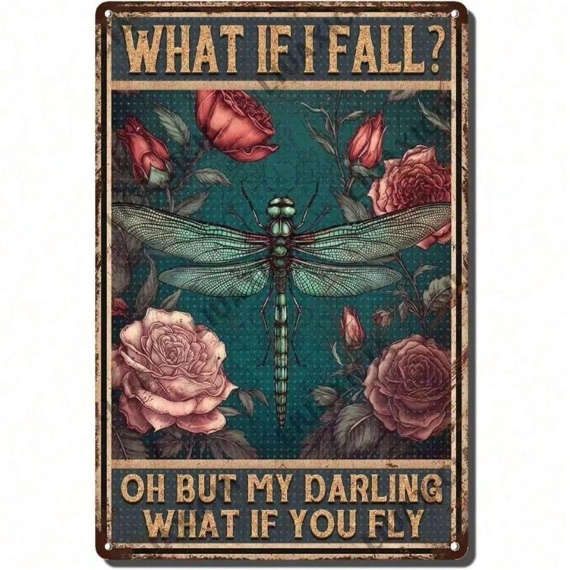 Vintage Metal Poster Wall Art Dragonfly Sign for Bathroom Gift