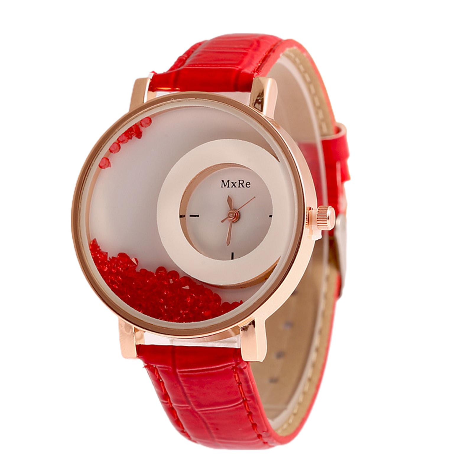 

Кумедний годинник Quicksand зі стразами, круглим циферблатом, регульованим ремінцем зі штучної шкіри, аналоговими кварцовими спеціальними жіночими годинниками червоний