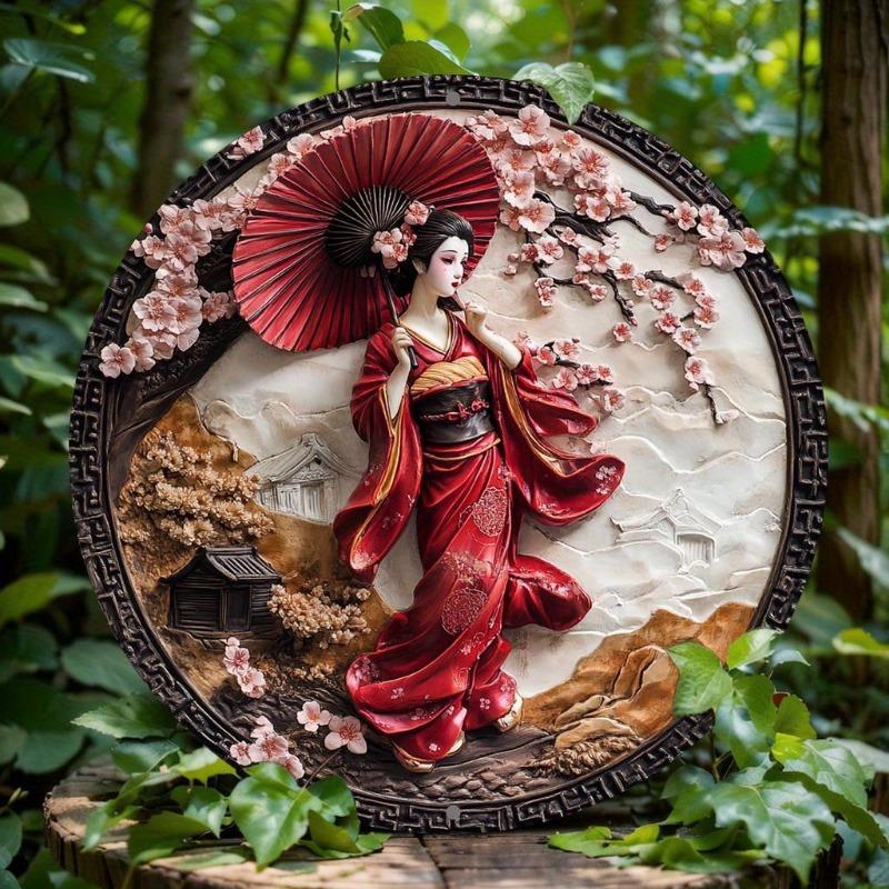 

Hisun Tin Sign Vintage Japanese Geisha Cherry Blossom Kimono Themed Round Metal Tin Sign Retro Asian Art Wall Decor Plaque 20x20cm