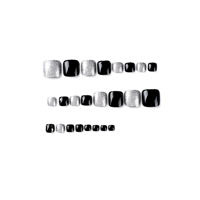 Black & Silver Glitter Press-On Toenails Stickers Set: Stylish Wearable Nail Art