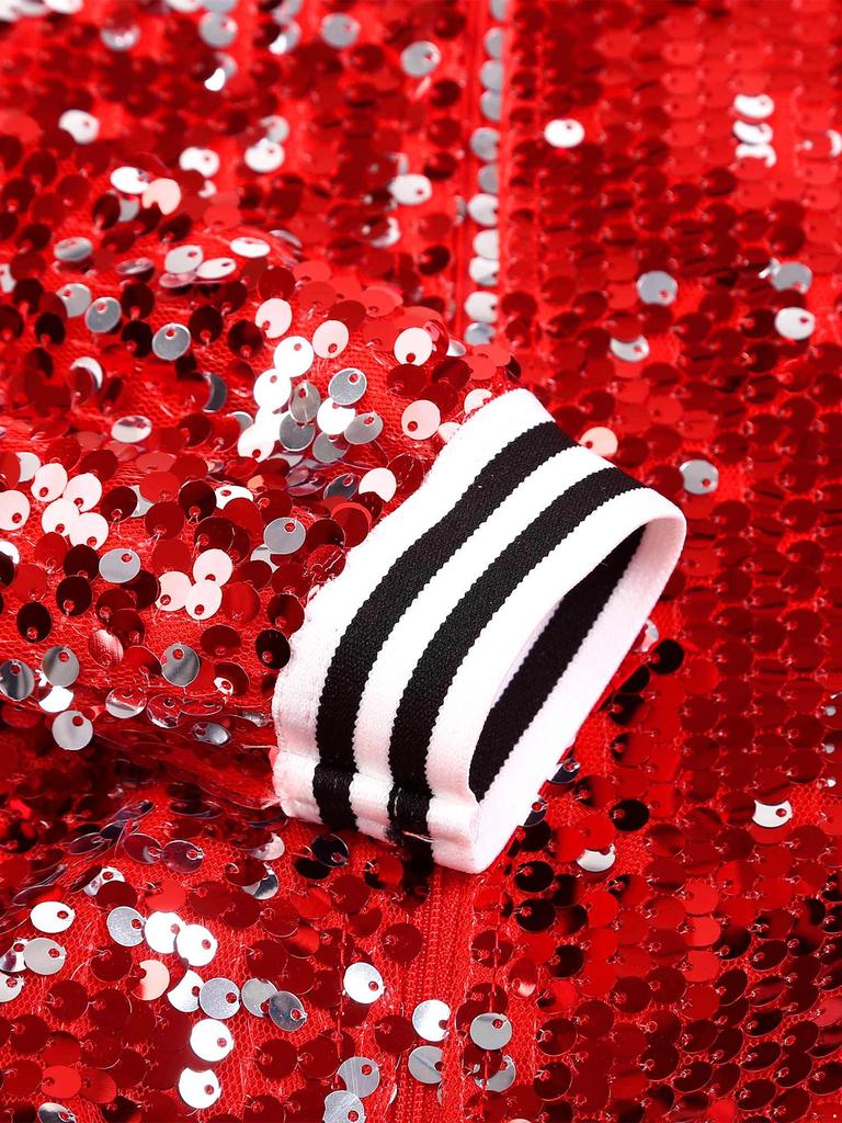 Mädchen Glitzernde Pailletten Baseballjacke Langarm Reißverschluss vorne Gestreifter Besatz Oberbekleidung Tanzparty Bomberstil Mantel