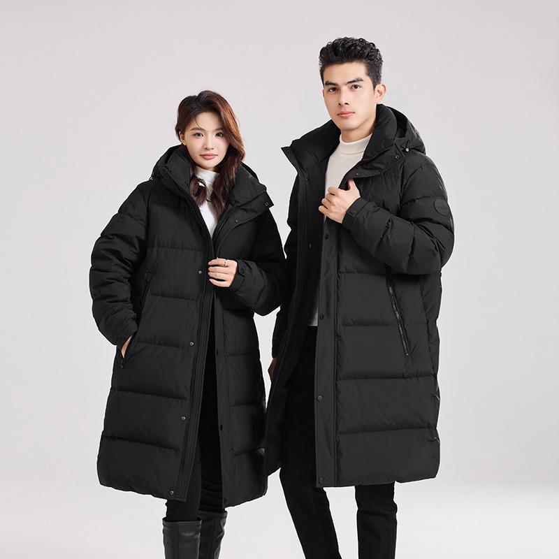 Couple's Long Black Hooded Duck Down Jacket - Thick, High Fill Winter Outerwear