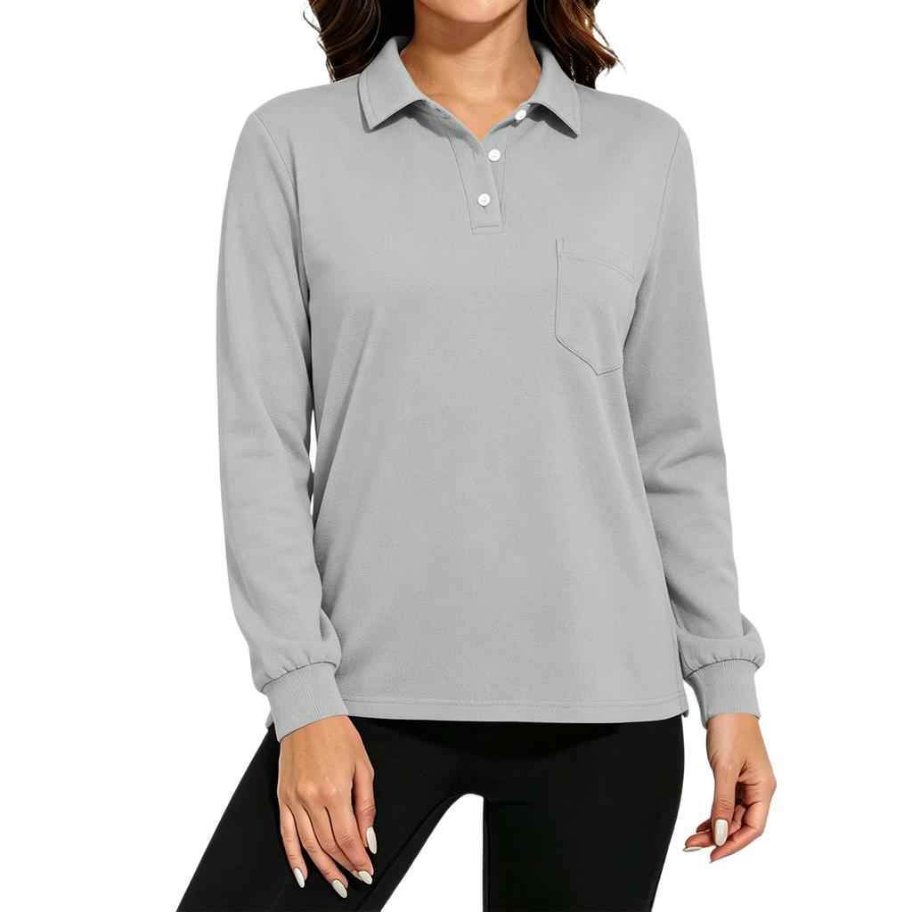 Women's Long Sleeve Button Down Color Blouse with Pockets and Side Slits Casual Collared Top