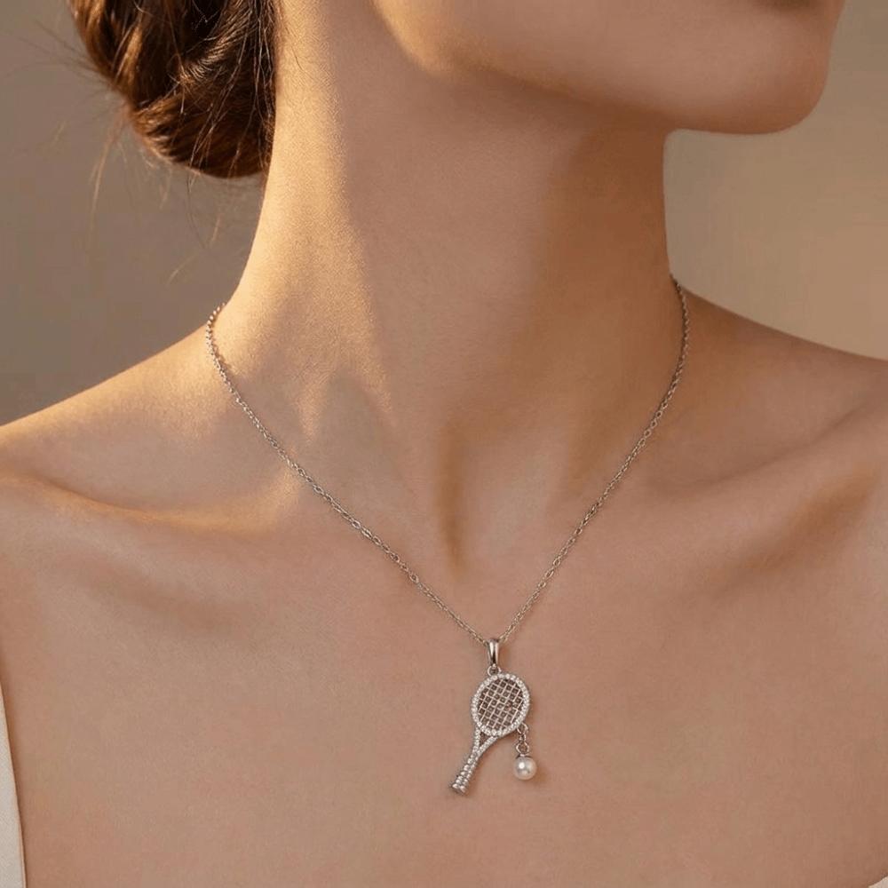 Pearl Chain Racquet Pendant Necklace Exquisite Design Zircon Pearl Chain Necklace  For Women