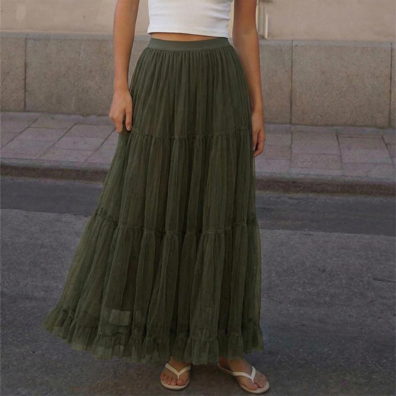 Women s Mesh Tulle Midi Skirt - Ruffle Tiered Skirt, Full A-Line Maxi Skirt S