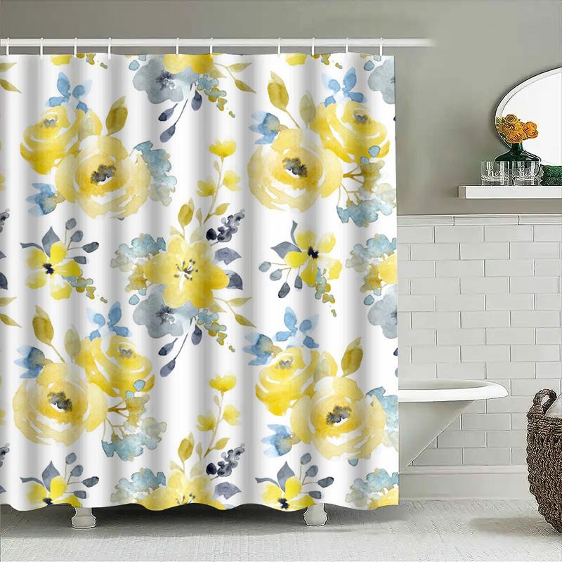 Modern Abstract Bathroom Shower Curtain Decorative Printing Waterproof Fabric For Home Decoration In Navy Blue With Yellow Gold