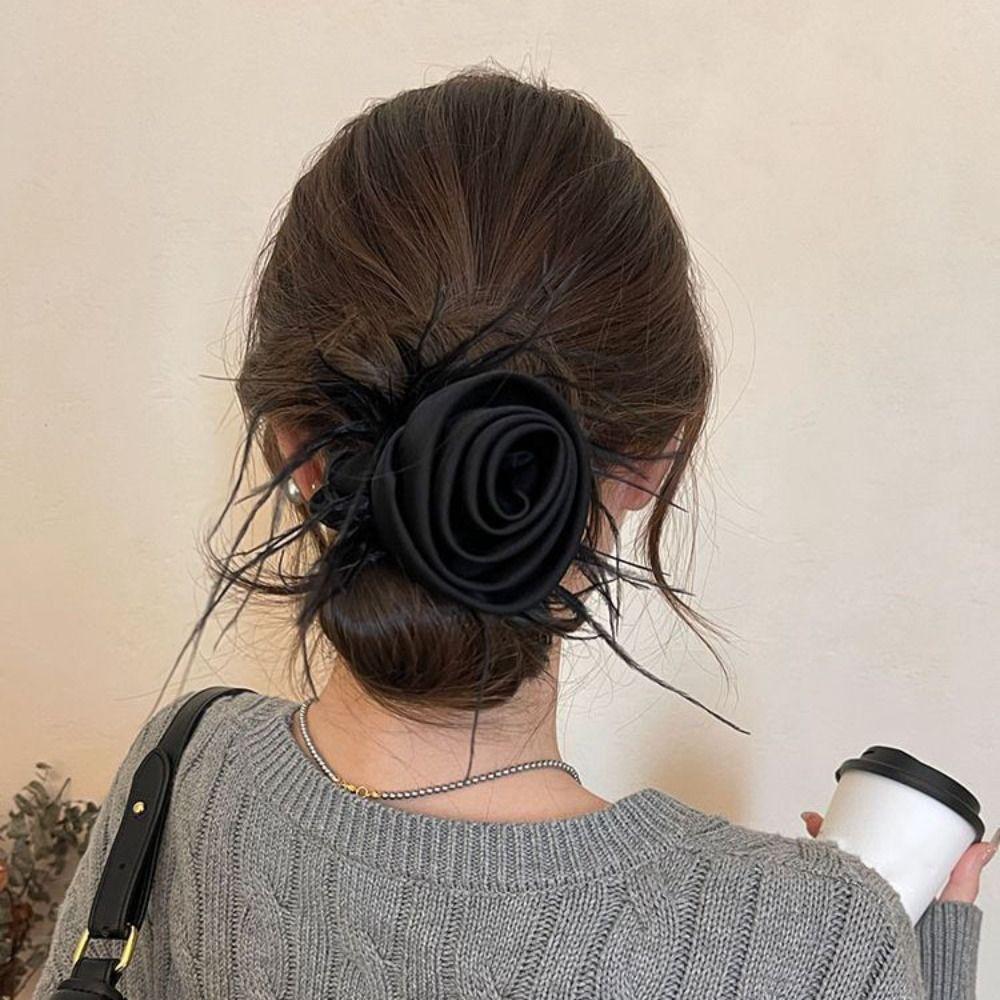 Korean Style Silk Satin Hair Rope Feather Elastic Hair Band Vintage Rose Flower Hair Rope  Girl