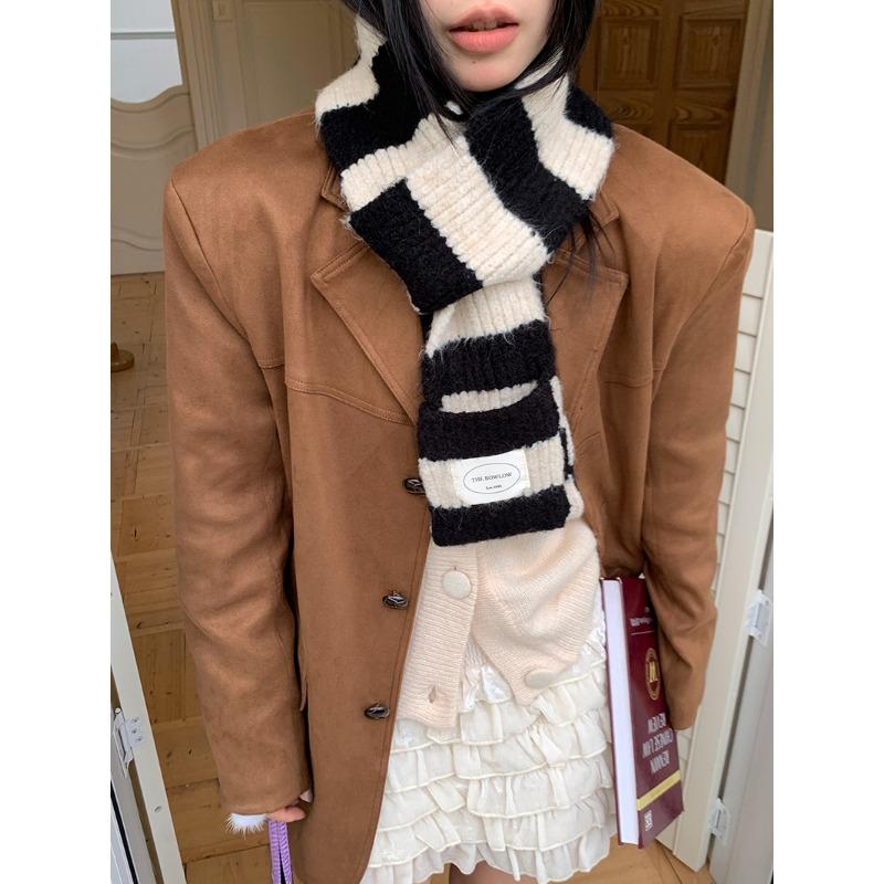 

Japanese Wool Blended Black and White Striped Small Scarf Women s Winter Concave Shape Slender Retro Scarf 164*10cm