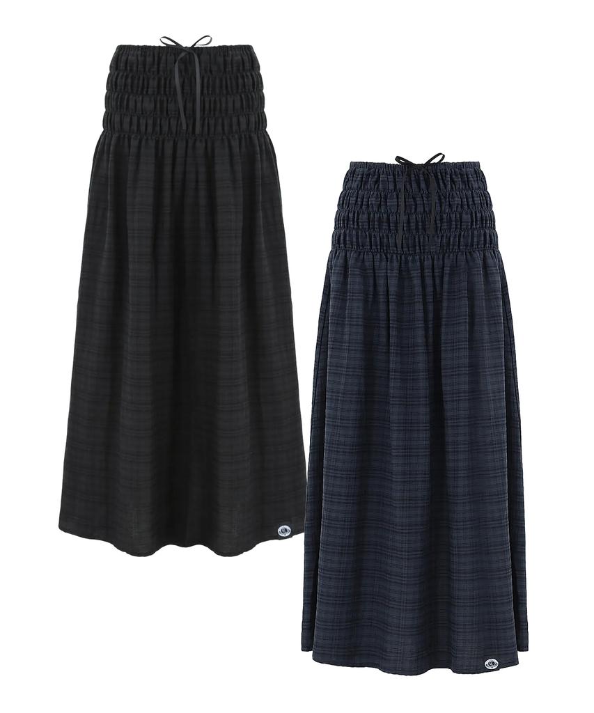 Plasma Sphere Smoke Shirred Check Ribbon Low-Rise Maxi Skirt_Navy