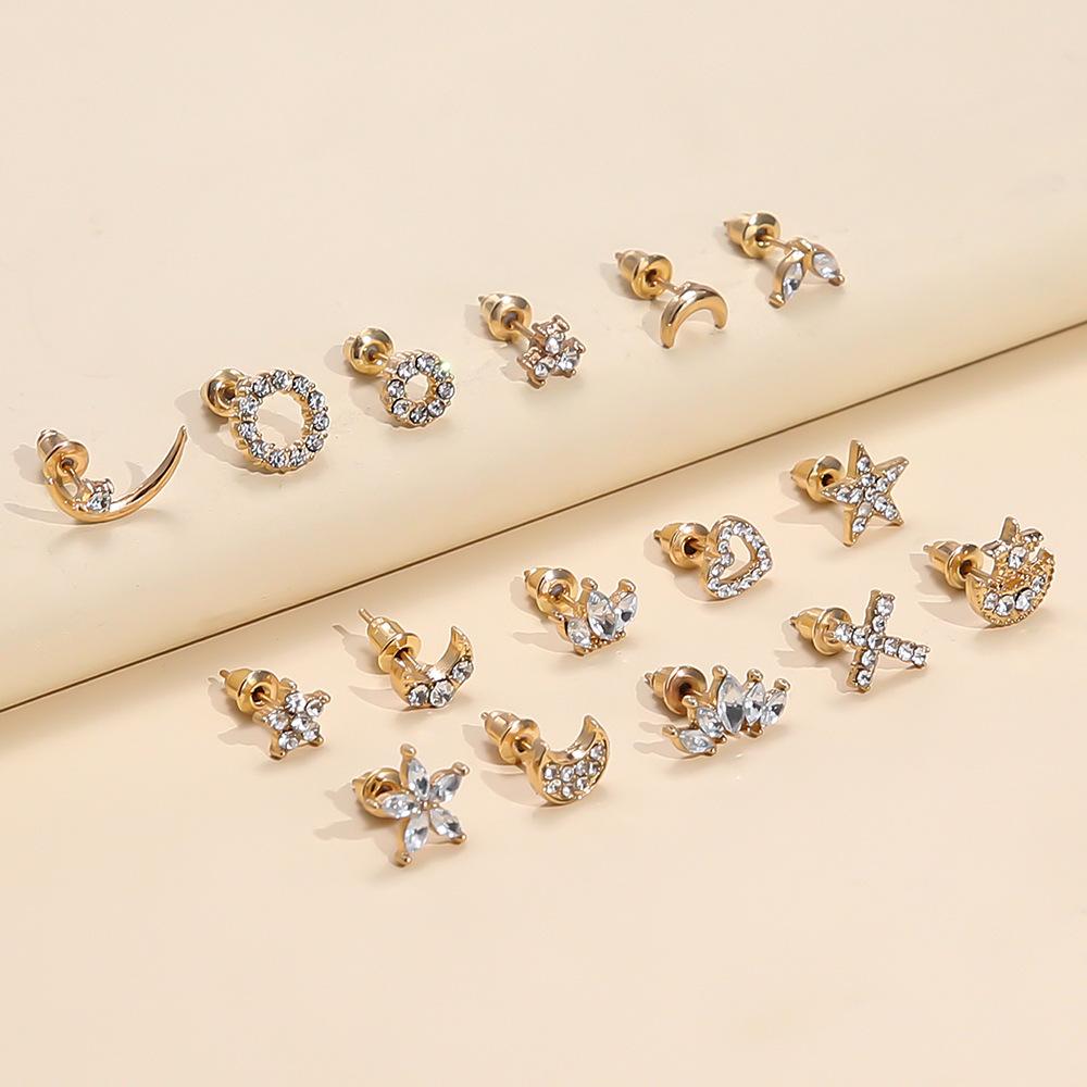 Personality Temperament Asymmetrical Stud Earrings, Fashionable Diamond-Set Stars Moon Geometric Earrings Women