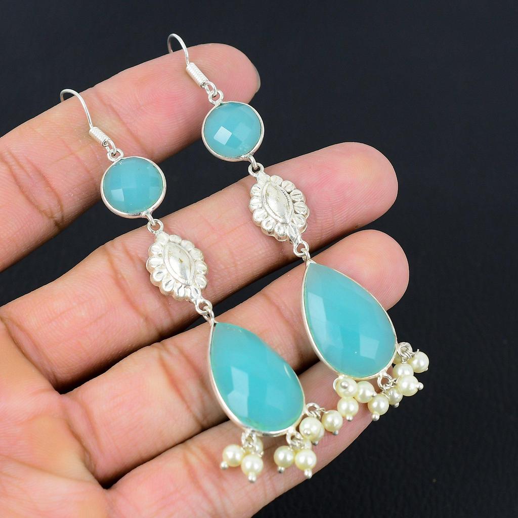 925 Sterling Silver Aqua Chalcedony Stone Wife Drop Dangle Hook Unique Earrings