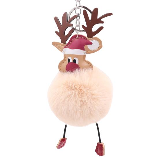 Christmas Deer Keychain Cute Reindeer Pom Pom Keyring Faux Fur Fluffy Plush Ball Charm for Handbag Backpack Purse Accessory
